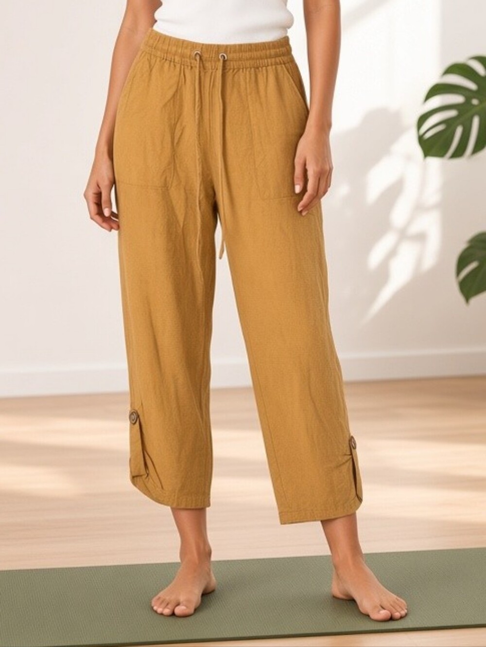 Jules & Leopold Cropped Drawstring Linen Pants in Mustard Yoga